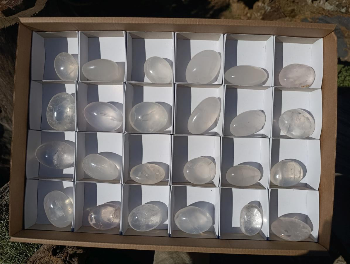 Polished Girasol Pearl Quartz Palm Stones x 24 From Ambatondrazaka, Madagascar - Toprock Gemstones and Minerals 