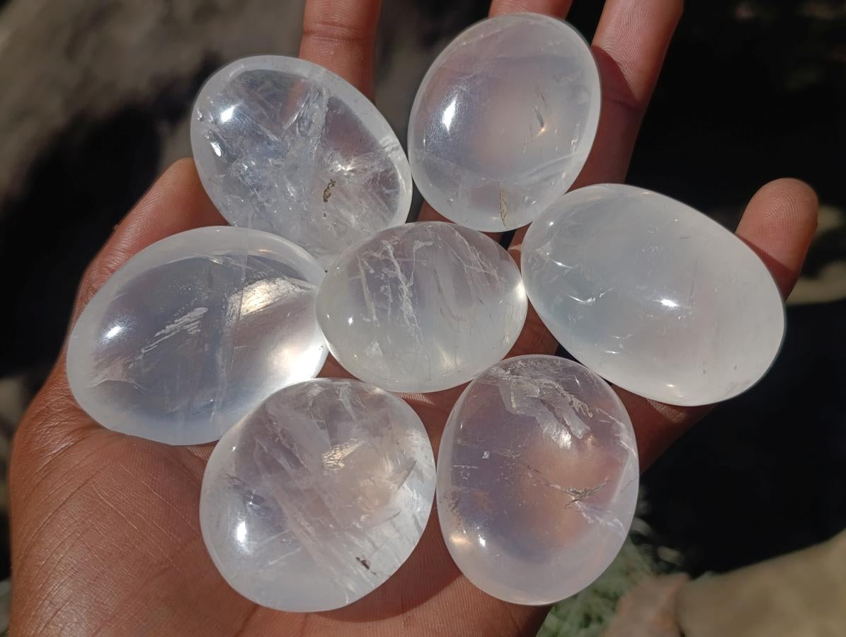Polished Girasol Pearl Quartz Palm Stones x 24 From Ambatondrazaka, Madagascar - Toprock Gemstones and Minerals 