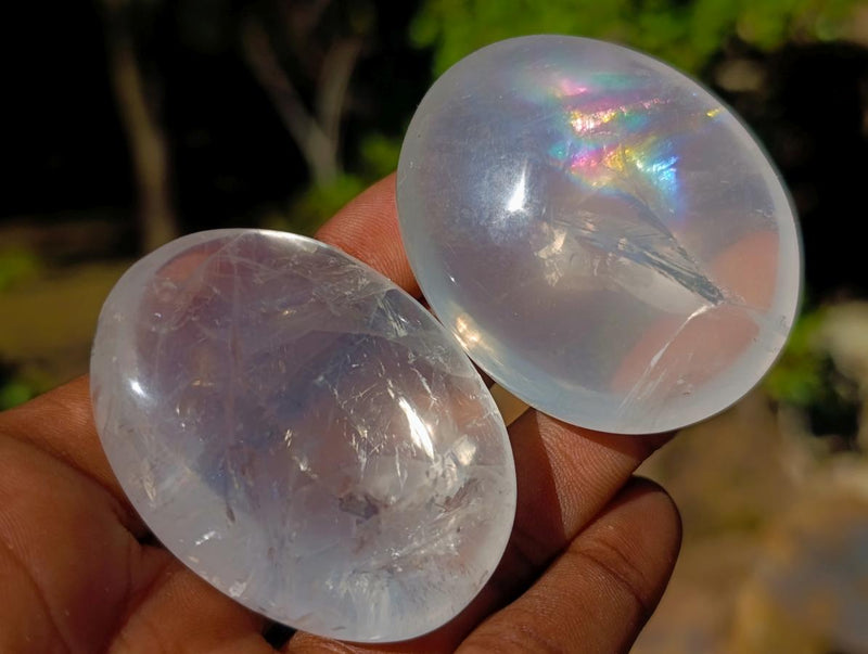 Polished Girasol Pearl Quartz Palm Stones x 24 From Ambatondrazaka, Madagascar - Toprock Gemstones and Minerals 