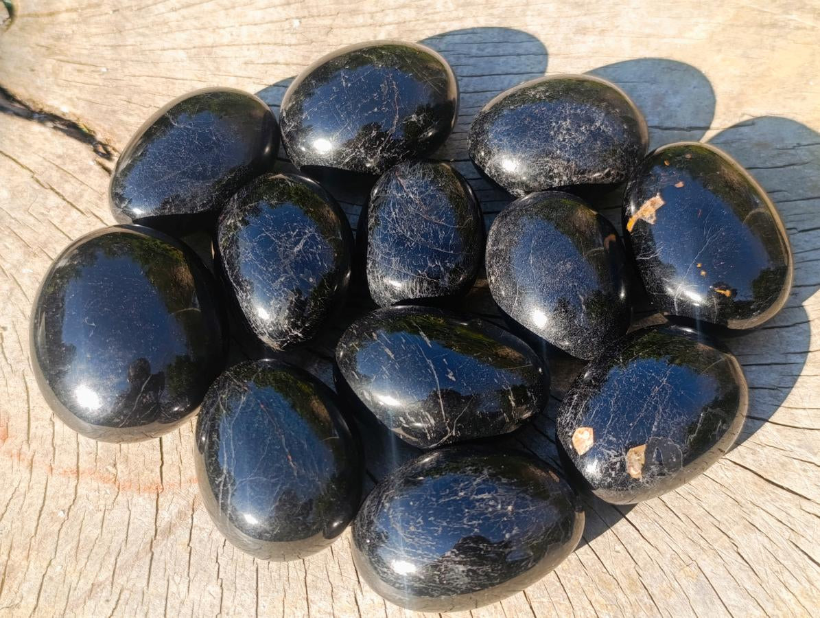Polished Black Tourmaline Galets x 12 From Madagascar - Toprock Gemstones and Minerals 