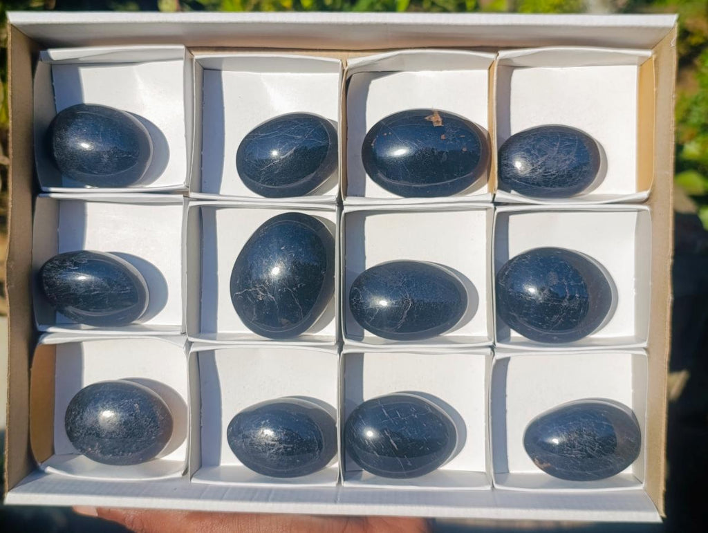 Polished Black Tourmaline Galets x 12 From Madagascar - Toprock Gemstones and Minerals 
