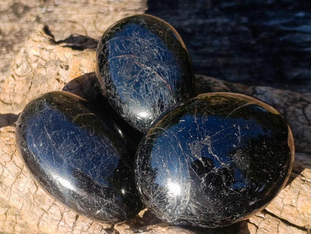Polished Black Tourmaline Galets x 12 From Madagascar - Toprock Gemstones and Minerals 