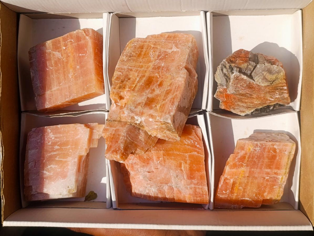 Natural Rhombohedral Sunset Orange Calcite Specimens x 6 From Spitzkop, Namibia