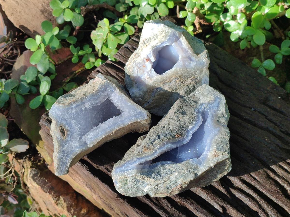 Natural Blue Lace Agate Geode Specimens x 3 From Nsanje, Malawi - Toprock Gemstones and Minerals 