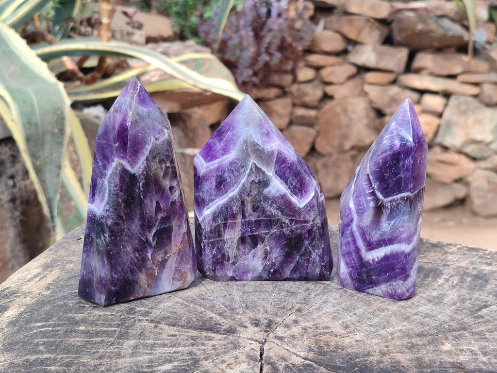 Polished Chevron Amethyst Display Crystal Points x 3 From Zambia - Toprock Gemstones and Minerals 