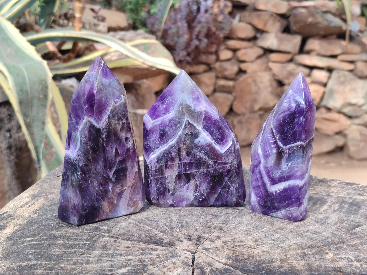 Polished Chevron Amethyst Display Crystal Points x 3 From Zambia - Toprock Gemstones and Minerals 
