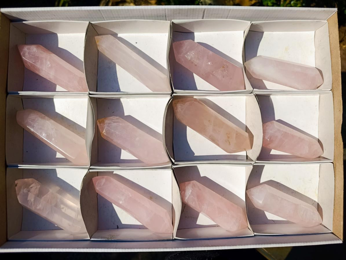 Polished Double Terminated Gemmy Rose Quartz Crystals x 12 From Madagascar - Toprock Gemstones and Minerals 