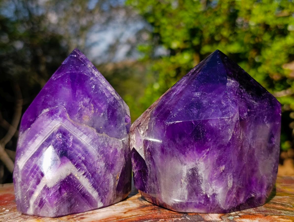 Polished Dark Chevron Amethyst Display Crystals x 2 From Madagascar