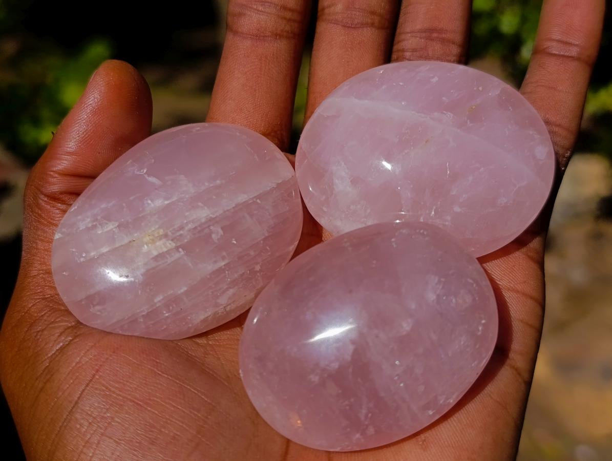 Polished Gemmy Rose Quartz Palm Stones x 35 From Madagascar - Toprock Gemstones and Minerals 