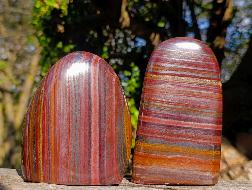 Polished Banded Tiger Iron Stone Standing Display Pieces x 2 From Prieska, South Africa