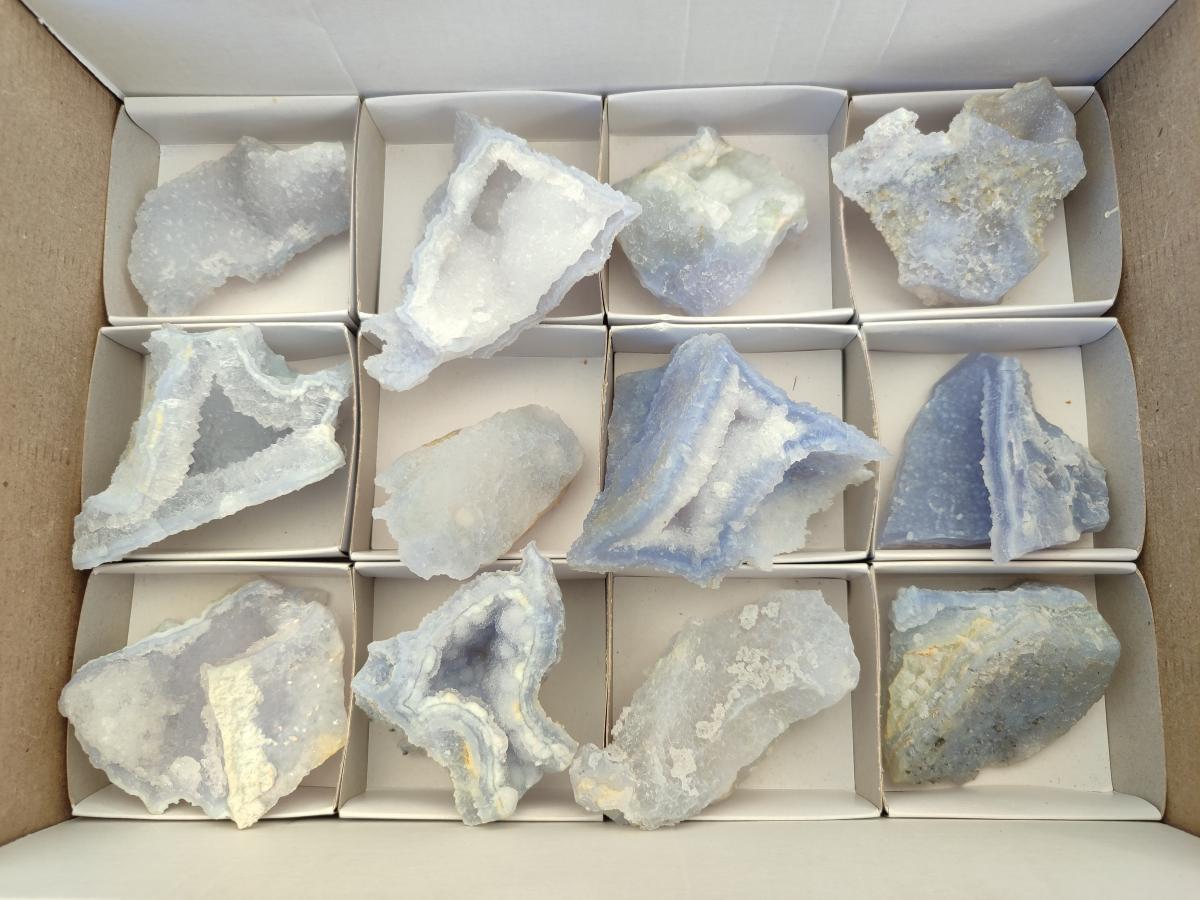Natural Etched Blue Chalcedony Geode Specimens x 12 From Nsanje, Malawi - Toprock Gemstones and Minerals 