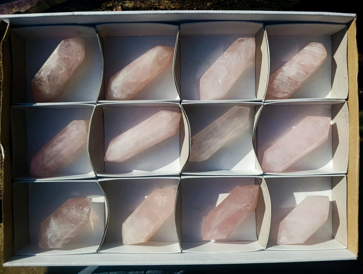 Polished Double Terminated Gemmy Rose Quartz Crystals x 12 From Madagascar - Toprock Gemstones and Minerals 