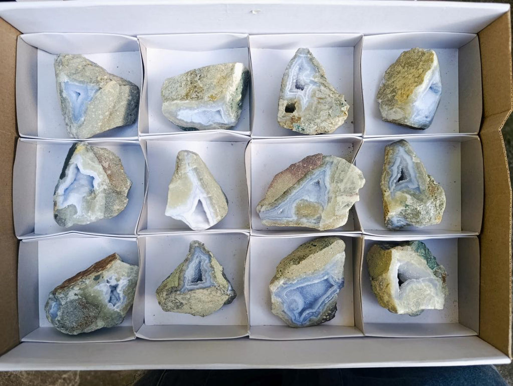 Polished On One Side Blue Lace Agate Geodes x 12 From Nsanje, Malawi - Toprock Gemstones and Minerals 