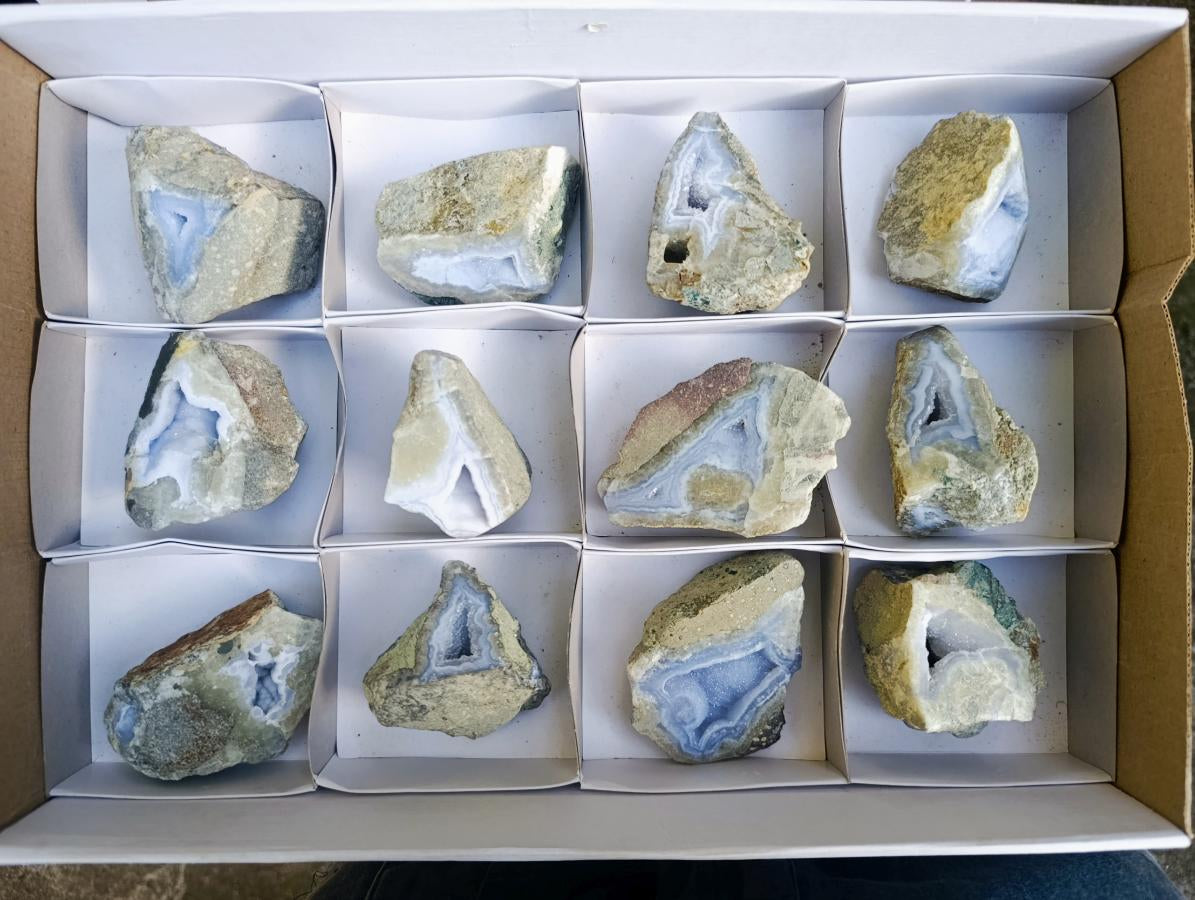Polished On One Side Blue Lace Agate Geodes x 12 From Nsanje, Malawi - Toprock Gemstones and Minerals 