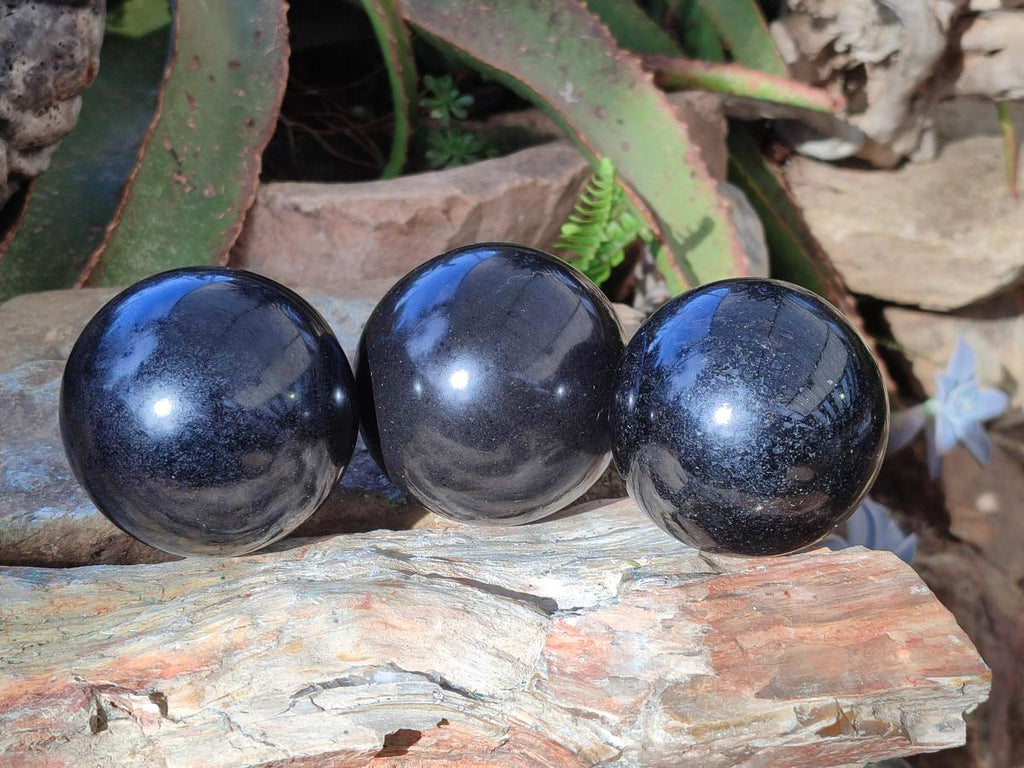 Polished Black Basalt Spheres x 3 From Madagascar - Toprock Gemstones and Minerals 