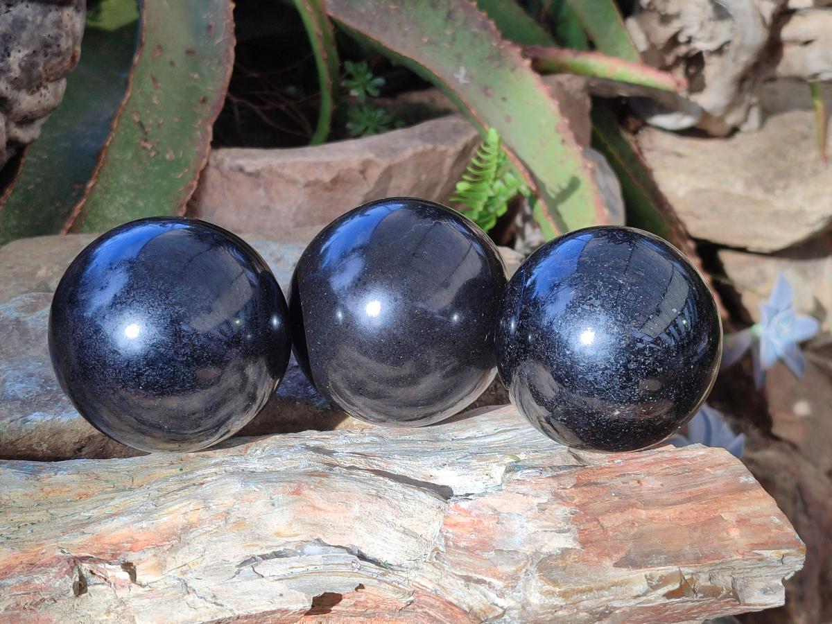 Polished Black Basalt Spheres x 3 From Madagascar - Toprock Gemstones and Minerals 