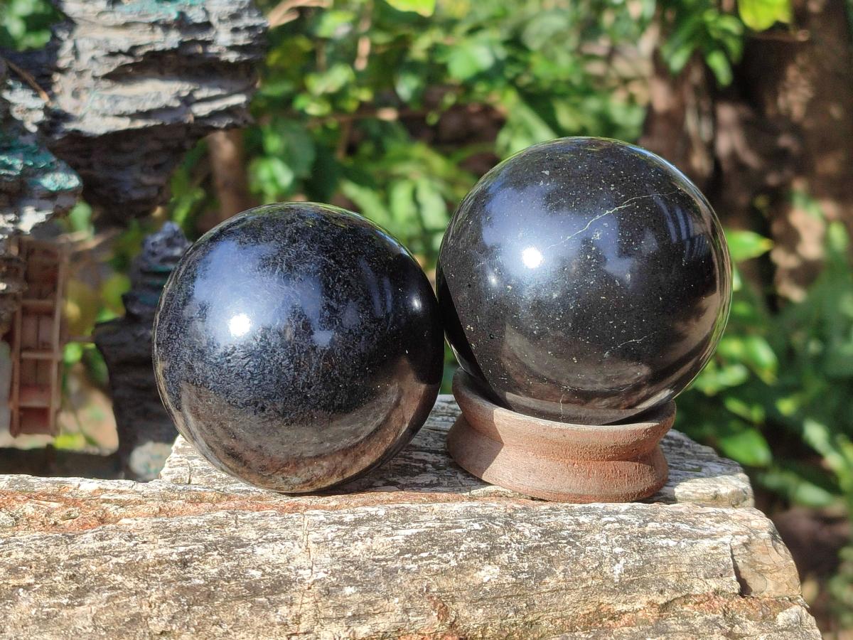 Polished Black Basalt Spheres x 3 From Madagascar - Toprock Gemstones and Minerals 