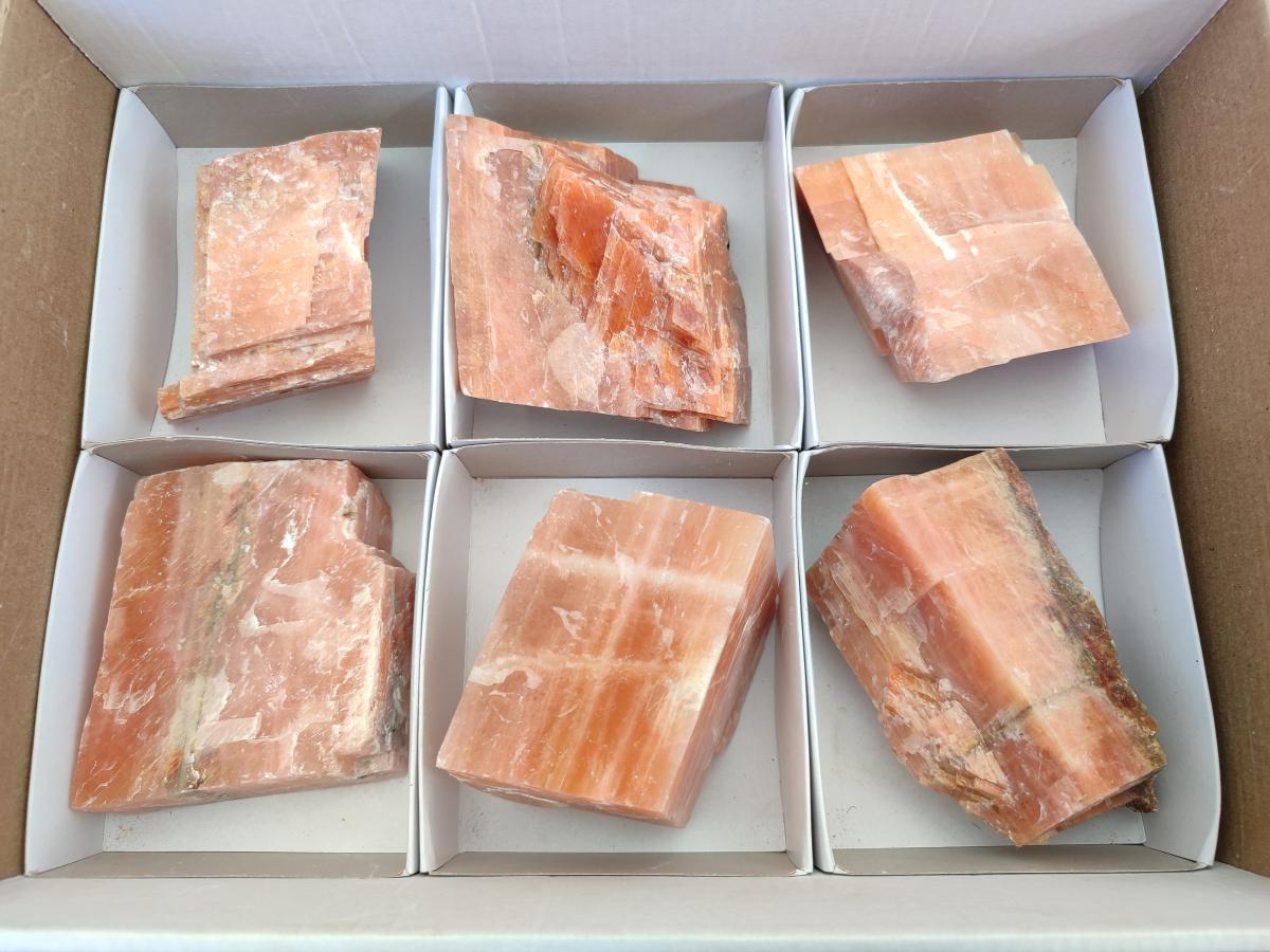 Natural Rhombohedral Sunset Orange Calcite Specimens x 6 From Spitzkop, Namibia - Toprock Gemstones and Minerals 