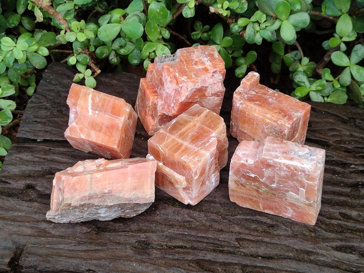 Natural Rhombohedral Sunset Orange Calcite Specimens x 6 From Spitzkop, Namibia - Toprock Gemstones and Minerals 