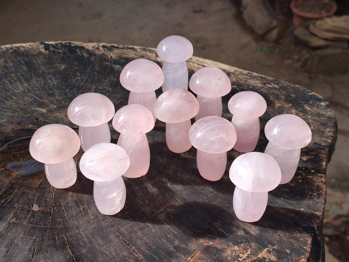 Polished Gemmy Rose Quartz Mushrooms x 12 From Madagascar - Toprock Gemstones and Minerals 