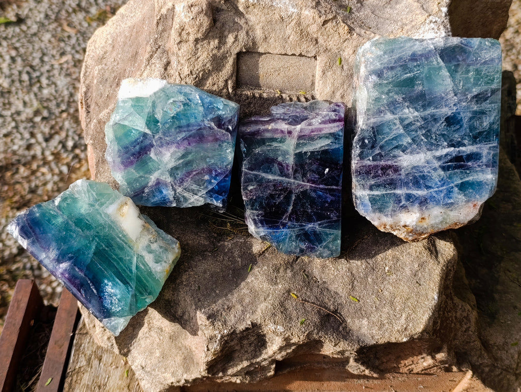Polished One Side Watermelon Fluorite Specimens x 4 From Uis, Namibia - Toprock Gemstones and Minerals 