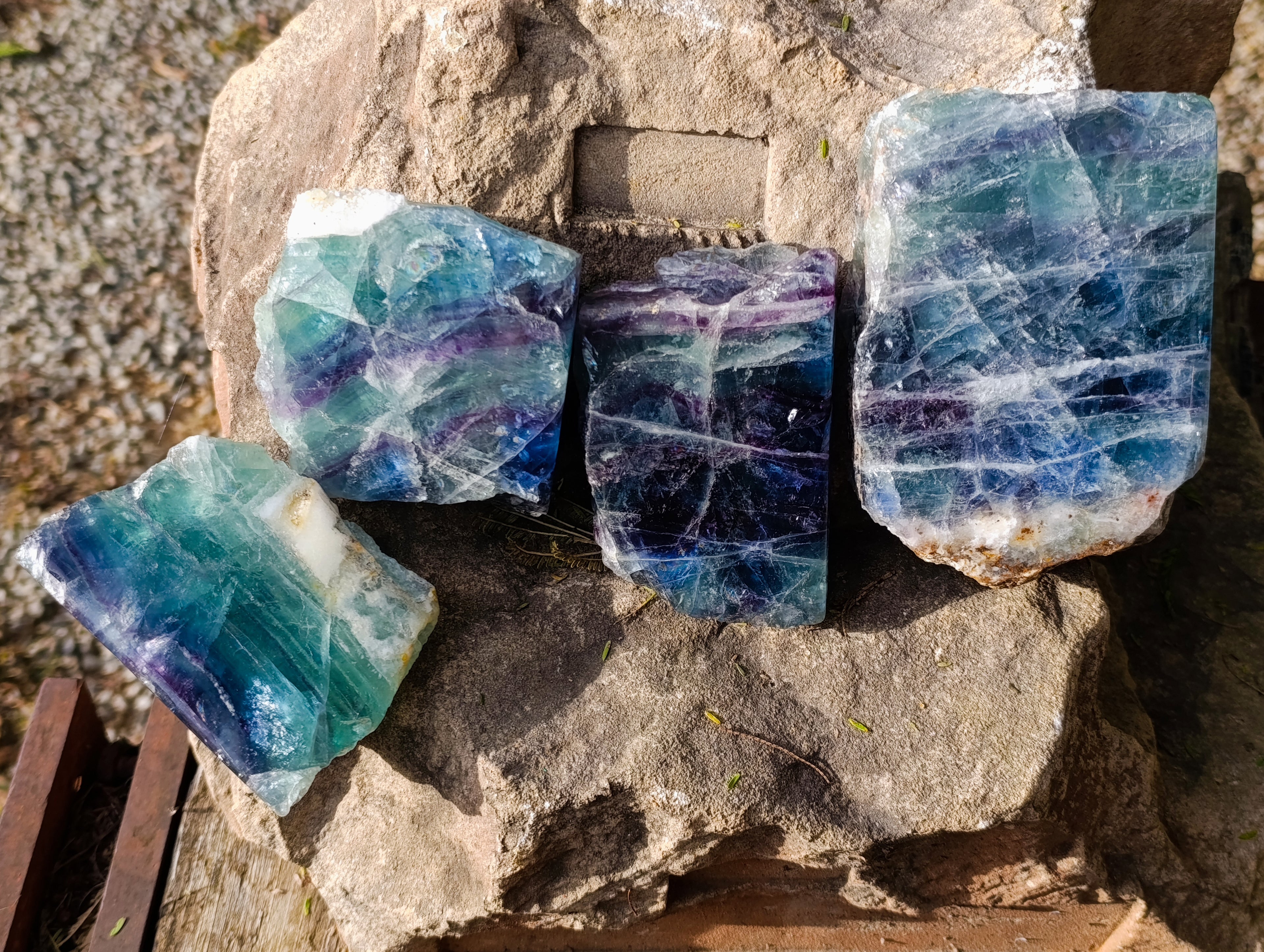 Polished One Side Watermelon Fluorite Specimens x 4 From Uis, Namibia - Toprock Gemstones and Minerals 