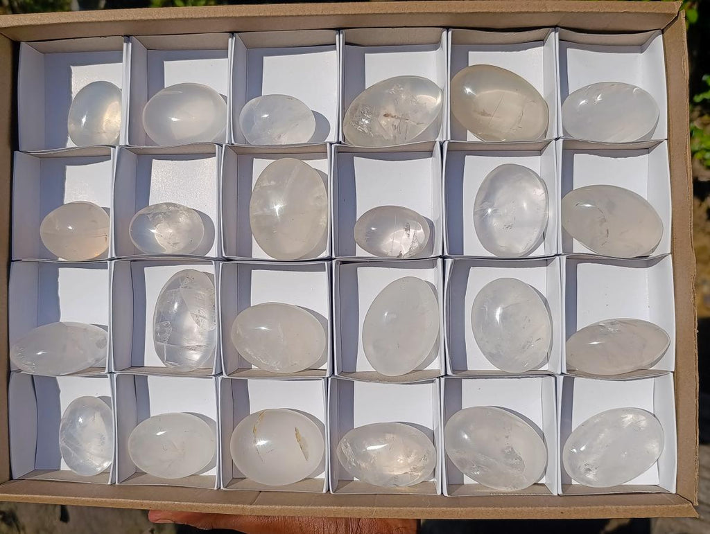 Polished Girasol Pearl Quartz Palm Stones x 24 From Ambatondrazaka, Madagascar - Toprock Gemstones and Minerals 