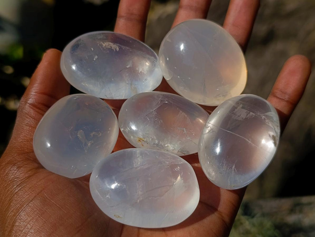 Polished Girasol Pearl Quartz Palm Stones x 24 From Ambatondrazaka, Madagascar - Toprock Gemstones and Minerals 
