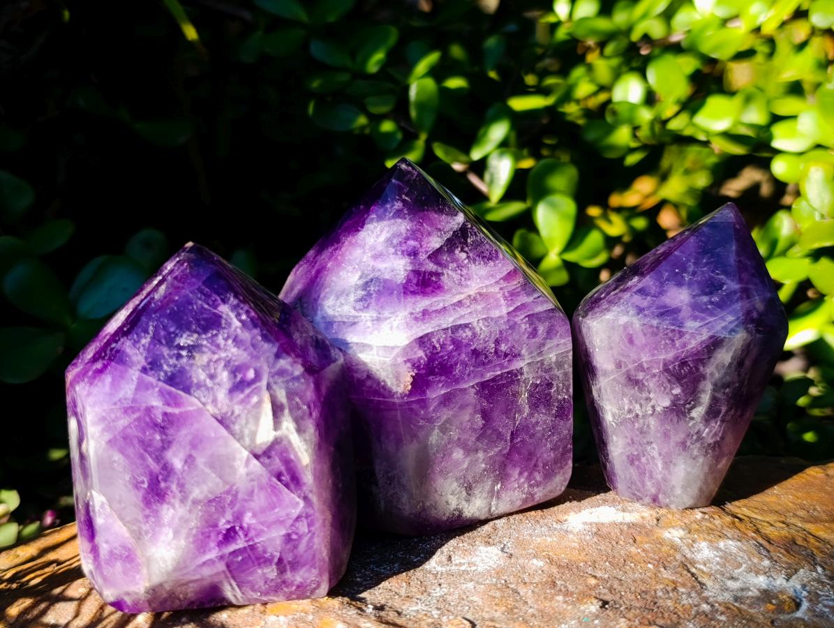 Polished Chevron Amethyst Display Crystal Points x 3 From Zambia - Toprock Gemstones and Minerals 