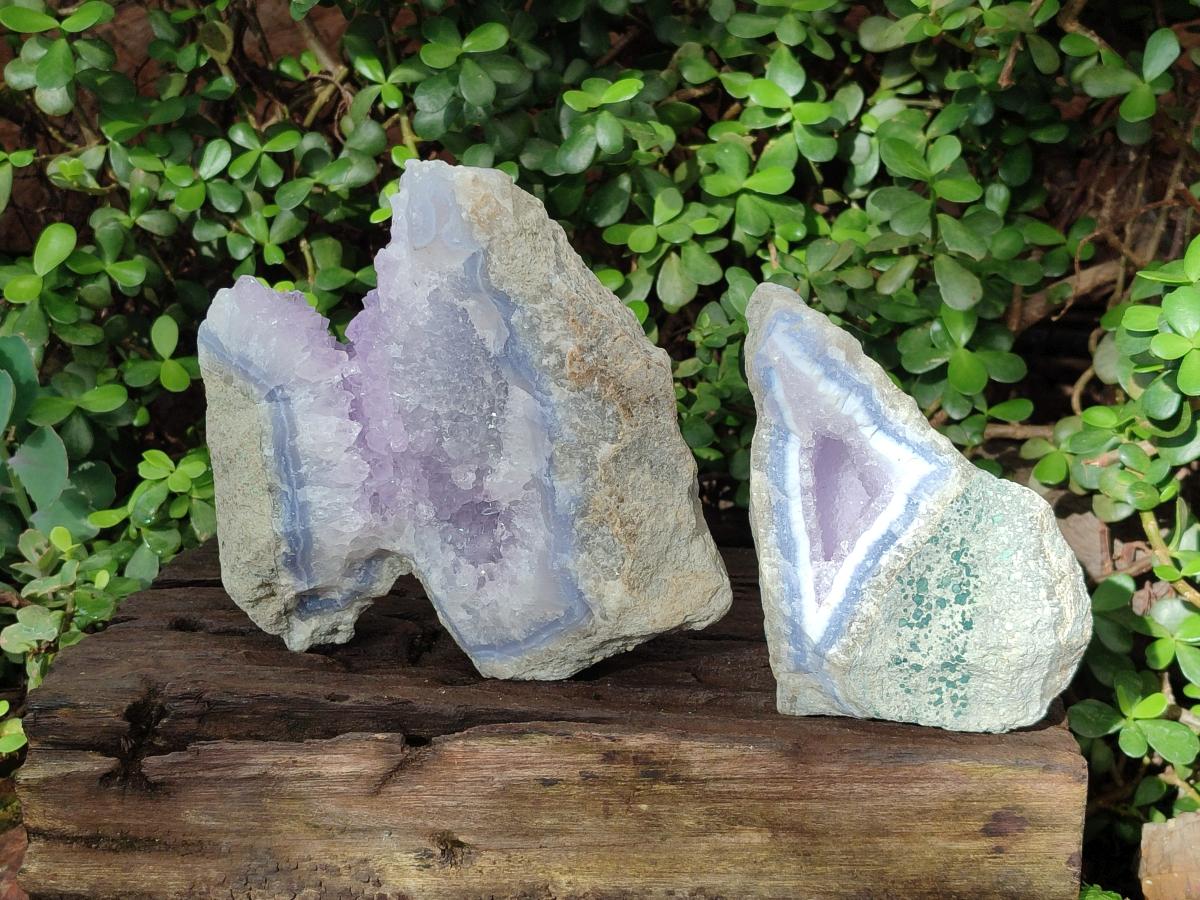 Natural Large Rare Blue Lace Agate Geodes with Amethyst Centres x 2 From Nsanje, Malawi - Toprock Gemstones and Minerals 