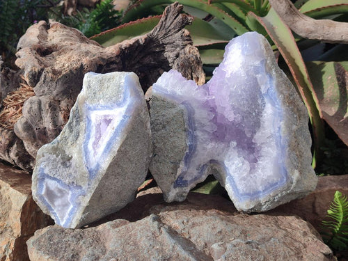 Natural Large Rare Blue Lace Agate Geodes with Amethyst Centres x 2 From Nsanje, Malawi - Toprock Gemstones and Minerals 