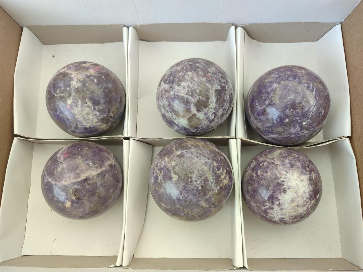 Polished Lepidolite with Pink Rubellite Spheres x 6 From Ambatondrazaka, Madagascar - Toprock Gemstones and Minerals 