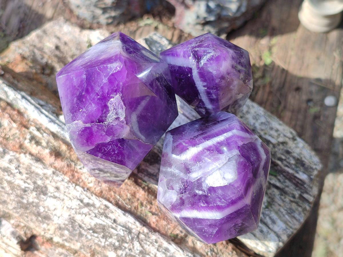 Polished Chevron Amethyst Display Crystal Points x 3 From Zambia - Toprock Gemstones and Minerals 