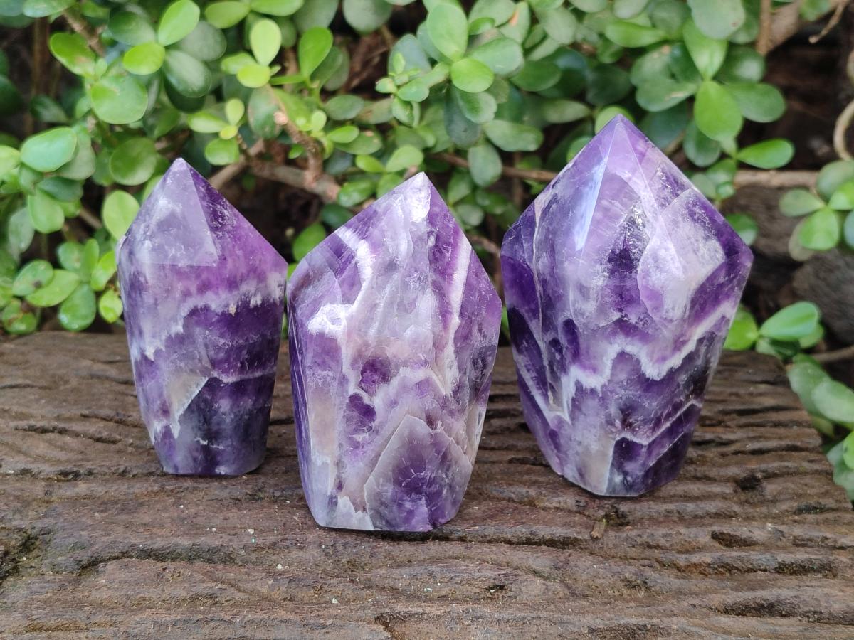 Polished Chevron Amethyst Display Crystal Points x 3 From Zambia - Toprock Gemstones and Minerals 