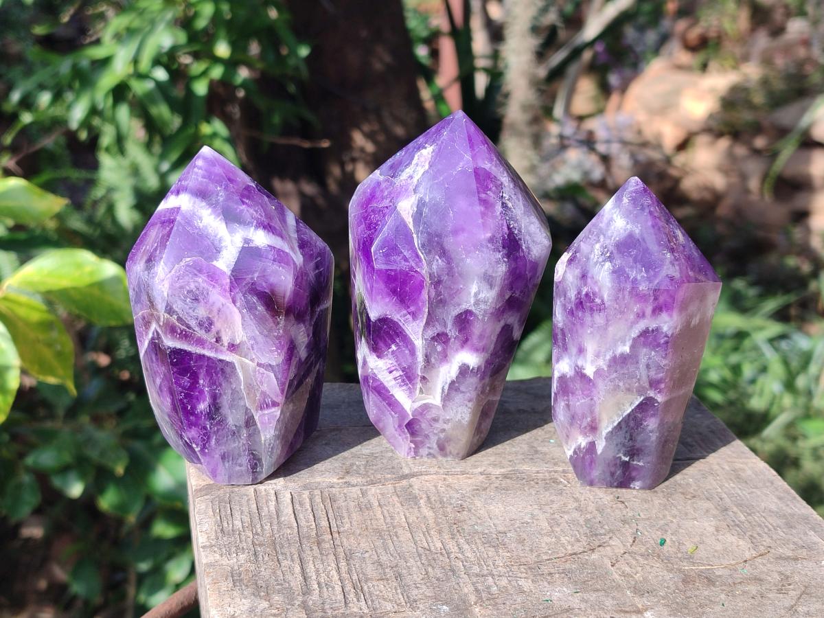 Polished Chevron Amethyst Display Crystal Points x 3 From Zambia - Toprock Gemstones and Minerals 