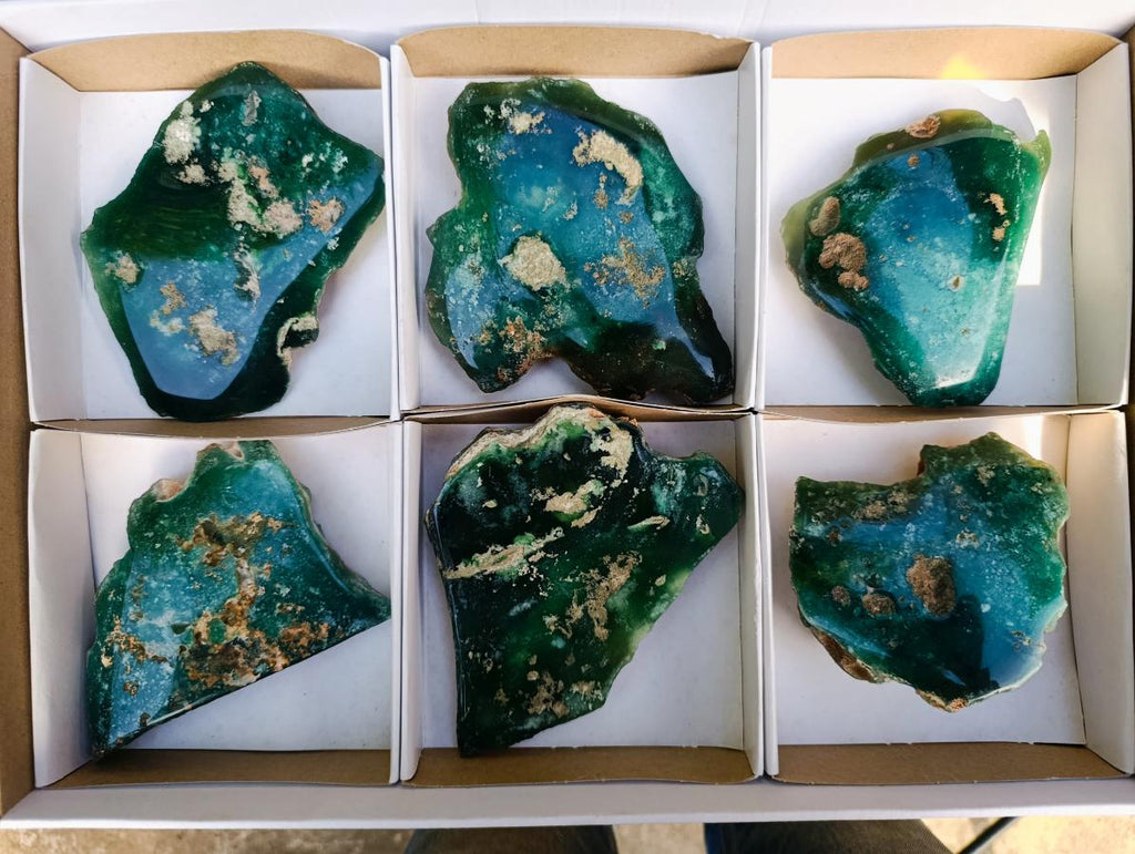 Polished On One Side Mtorolite Chrysoprase Plates x 6 From Mutorashanga, Zimbabwe - Toprock Gemstones and Minerals 