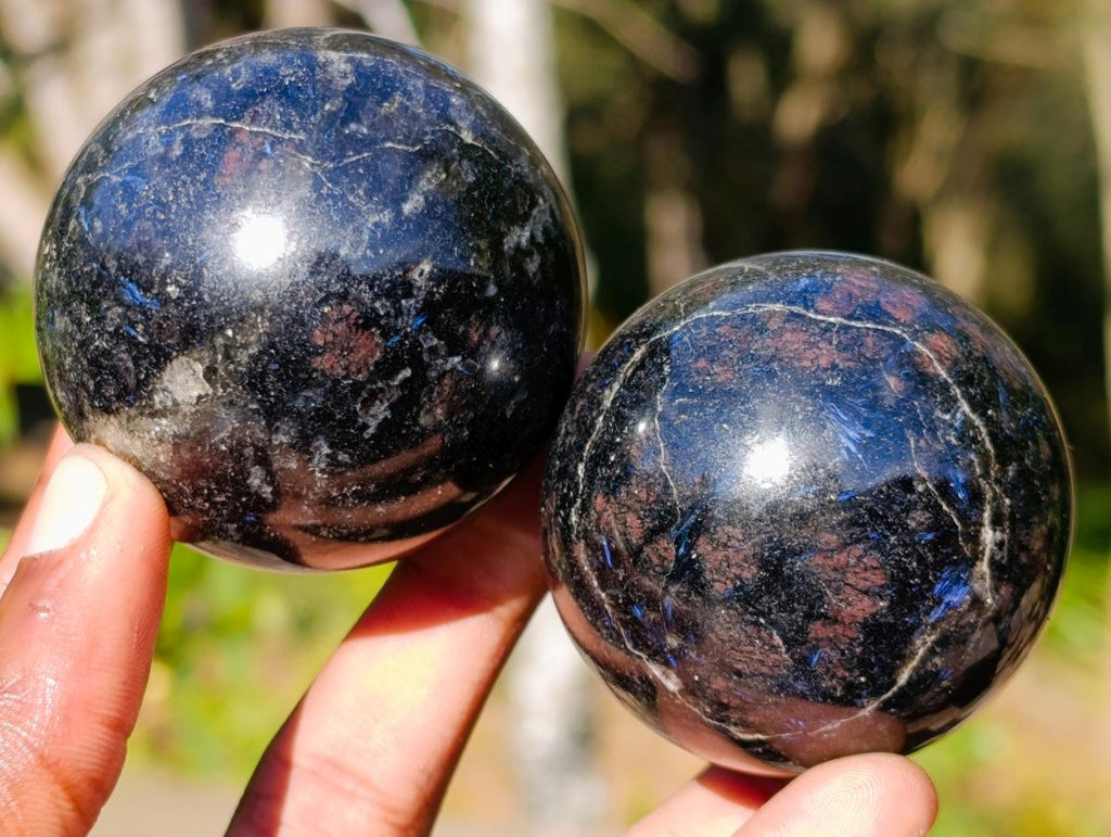 Polished "Water Sapphire" Spheres with Sillimanite x 6 From Ambatofinandrahana, Madagascar - Toprock Gemstones and Minerals 