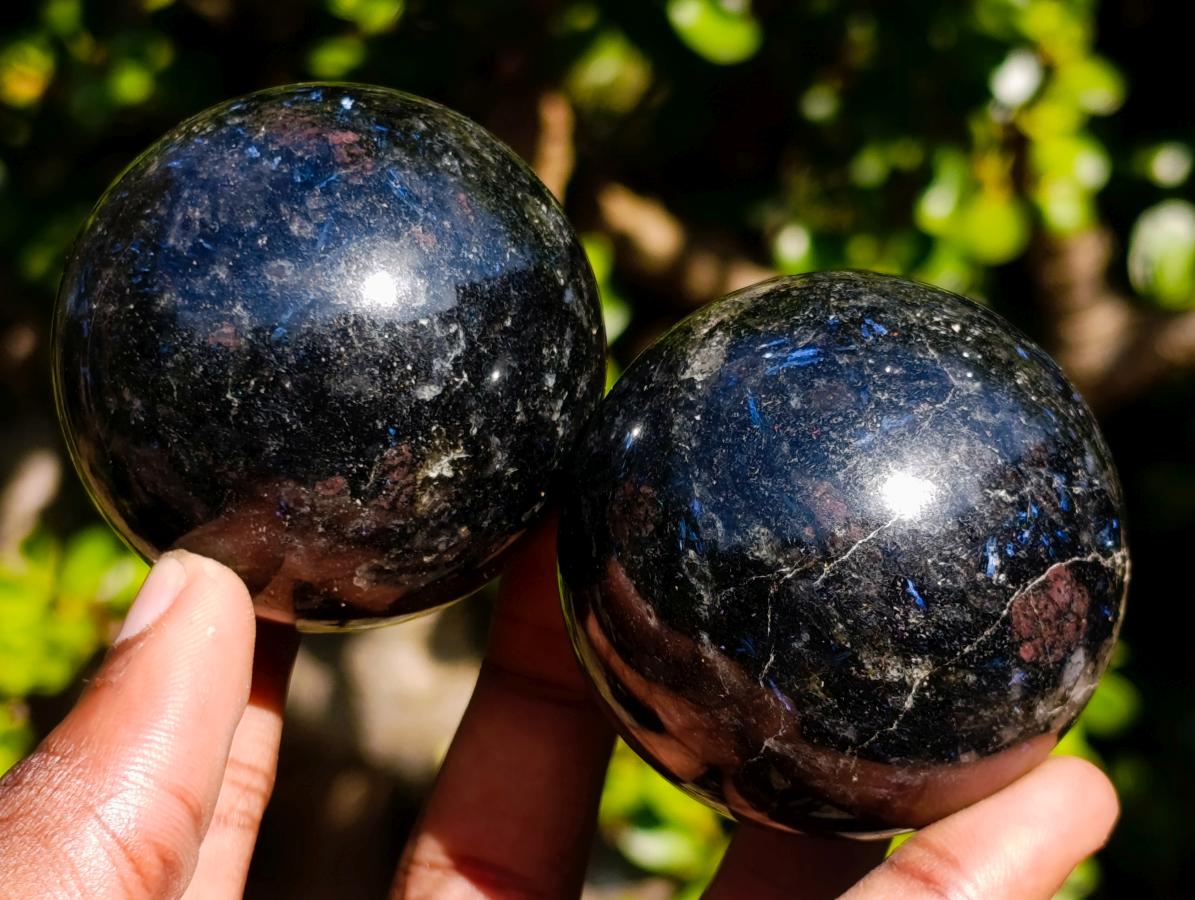 Polished "Water Sapphire" Spheres with Sillimanite x 6 From Ambatofinandrahana, Madagascar - Toprock Gemstones and Minerals 