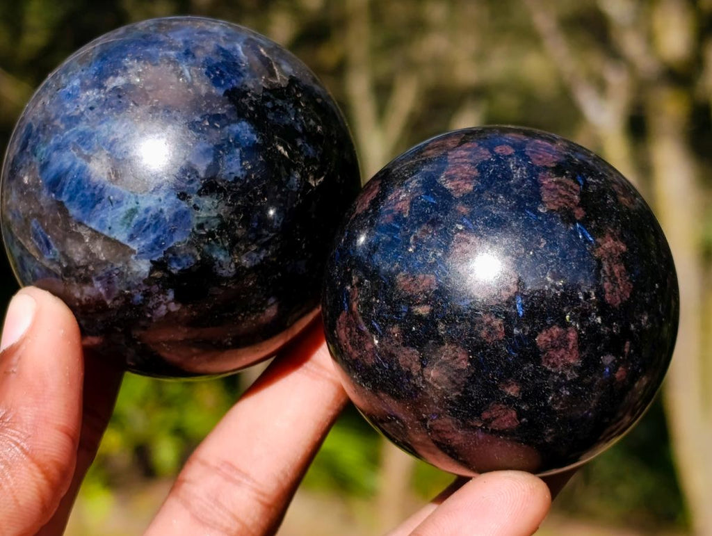 Polished "Water Sapphire" Spheres with Sillimanite x 6 From Ambatofinandrahana, Madagascar - Toprock Gemstones and Minerals 