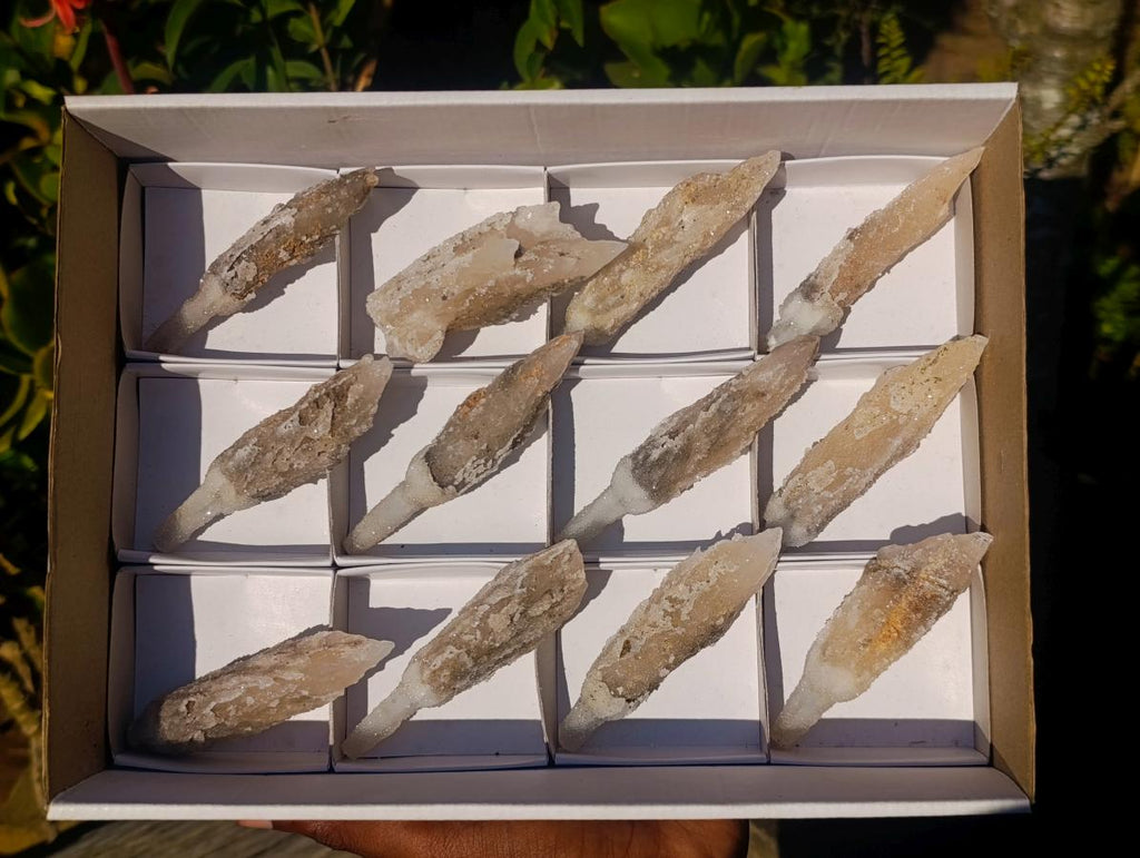 Natural Drusy Quartz Coated Spearhead Calcite Crystals x 12 From Albert's Mountain, Lesotho - Toprock Gemstones and Minerals 