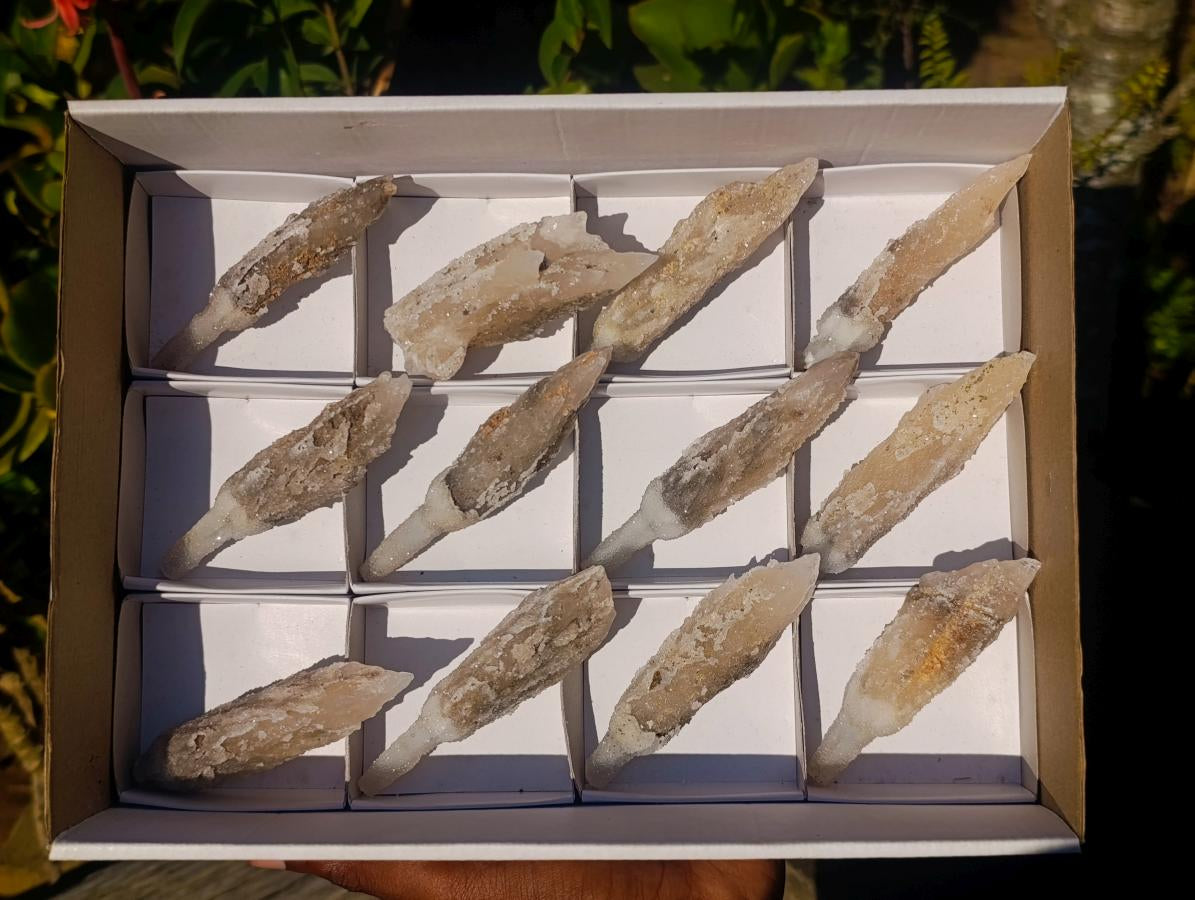 Natural Drusy Quartz Coated Spearhead Calcite Crystals x 12 From Albert's Mountain, Lesotho - Toprock Gemstones and Minerals 