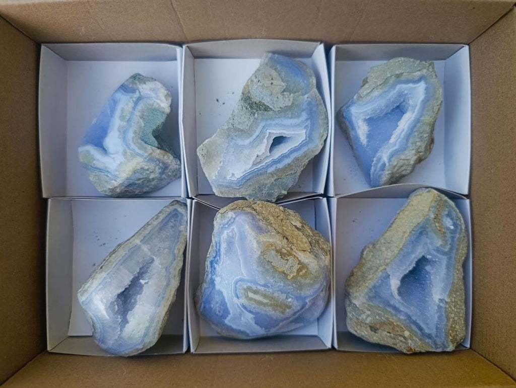 Polished On One Side Blue Lace Agate Geodes x 6 From Nsanje, Malawi - Toprock Gemstones and Minerals 