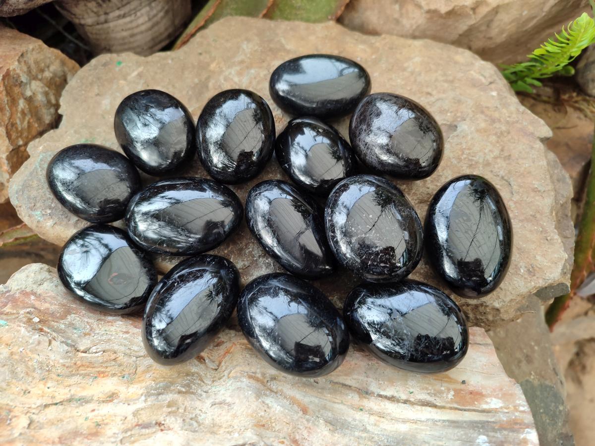 Polished Black Tourmaline Galets x 24 From Madagascar - Toprock Gemstones and Minerals 