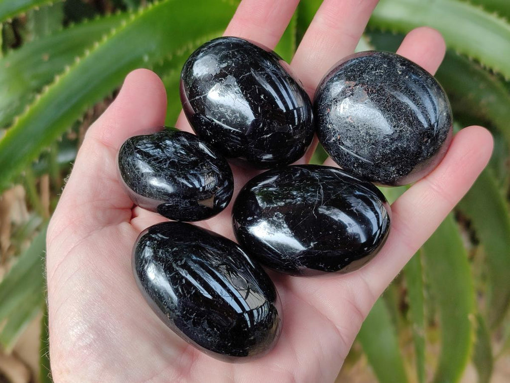 Polished Black Tourmaline Galets x 24 From Madagascar - Toprock Gemstones and Minerals 