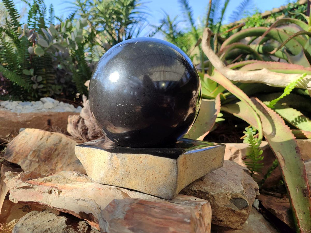 Polished Black Basalt Sphere and Base Display Set x 2 From Madagascar - Toprock Gemstones and Minerals 