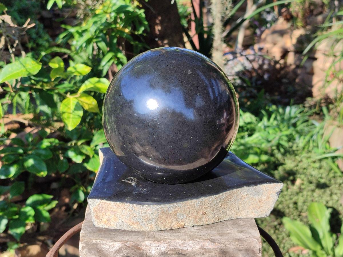 Polished Black Basalt Sphere and Base Display Set x 2 From Madagascar - Toprock Gemstones and Minerals 