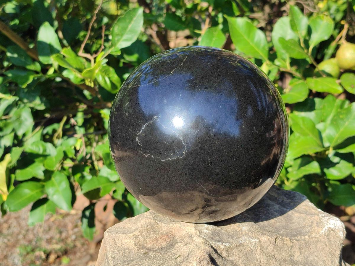 Polished Black Basalt Sphere and Base Display Set x 2 From Madagascar - Toprock Gemstones and Minerals 