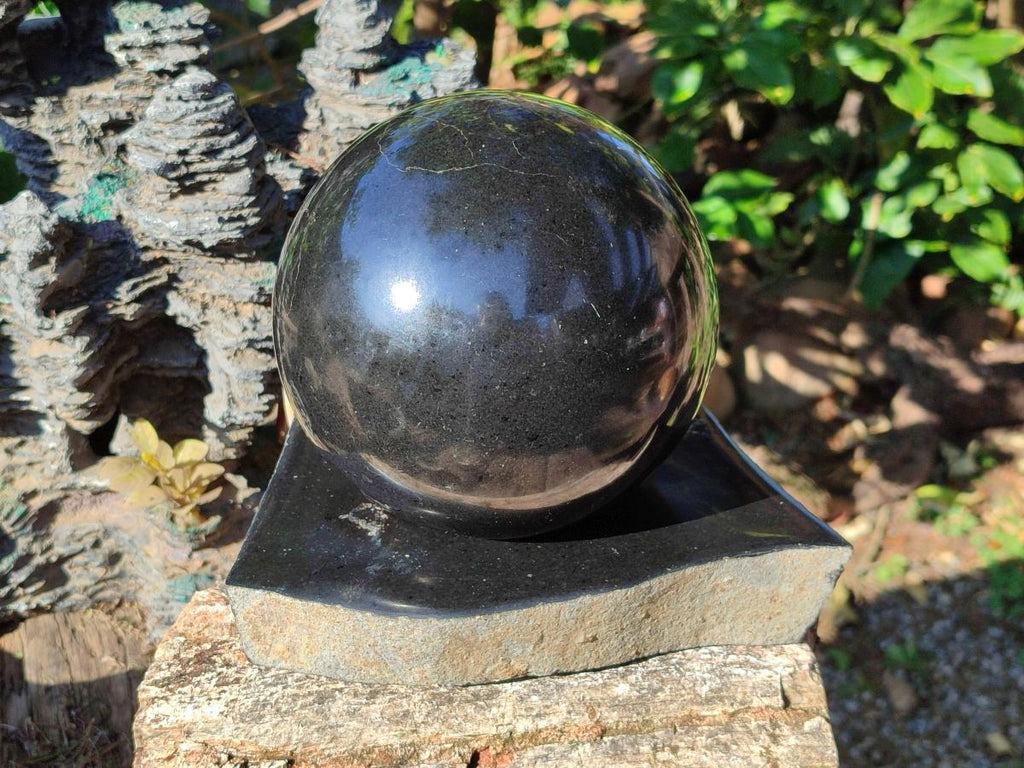 Polished Black Basalt Sphere and Base Display Set x 2 From Madagascar - Toprock Gemstones and Minerals 