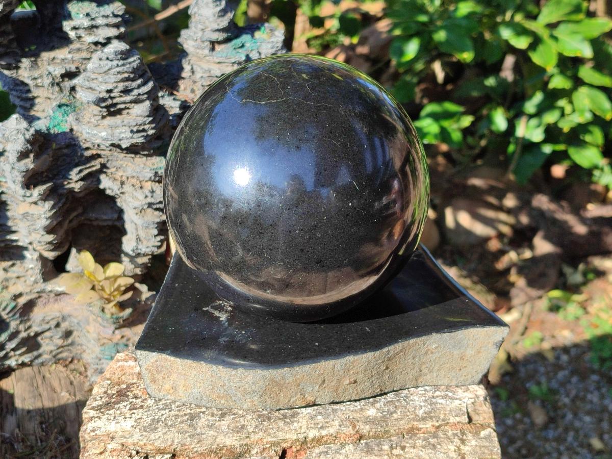 Polished Black Basalt Sphere and Base Display Set x 2 From Madagascar - Toprock Gemstones and Minerals 