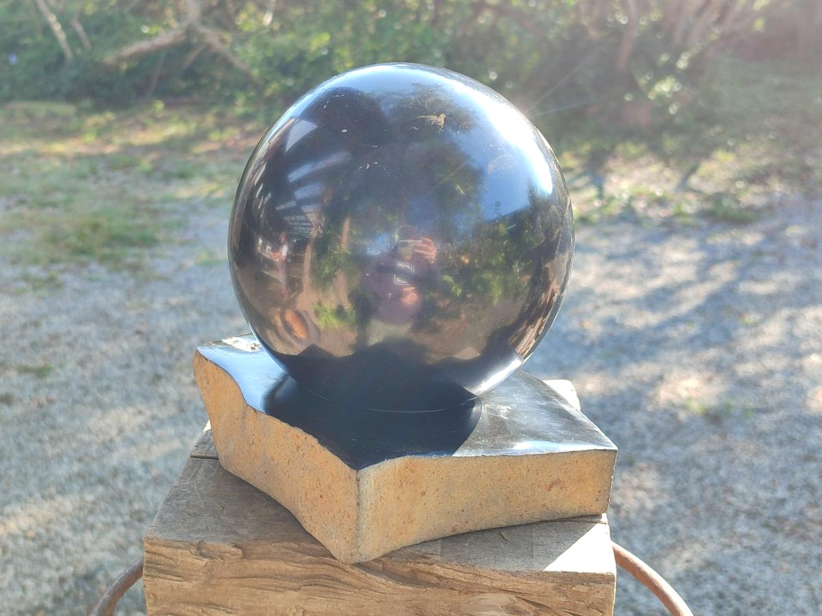 Polished Black Basalt Sphere and Base Display Set x 2 From Madagascar - Toprock Gemstones and Minerals 